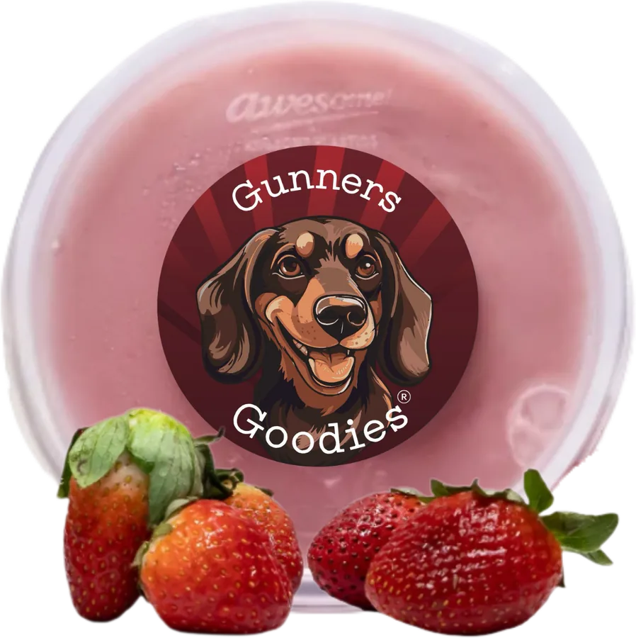 Strawberry doggy ice cream pot with fresh strawberries